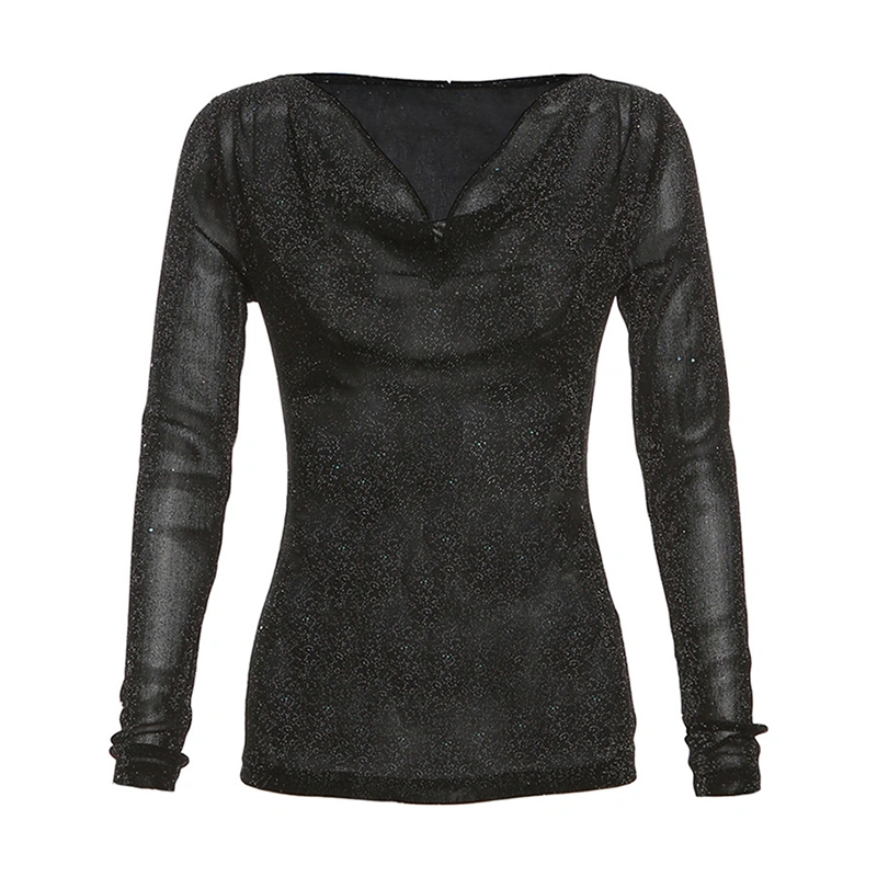 Women's Spring Black Long Sleeve V Neck Sequins Slim Fit T-shirt