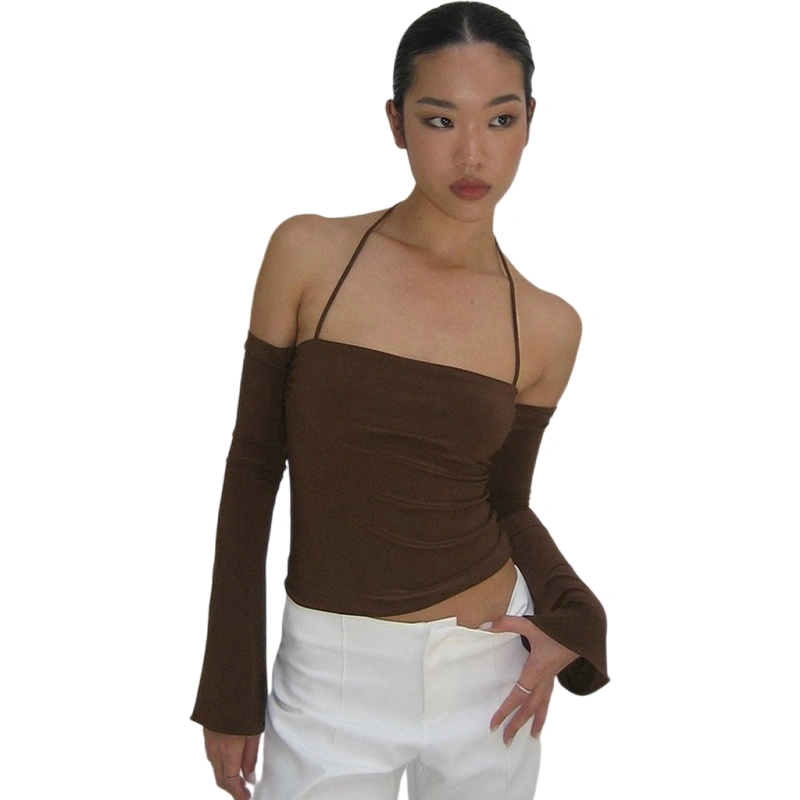 Women's Off Shoulder Halter Tops Solid Long Sleeve Cropped T-Shirts