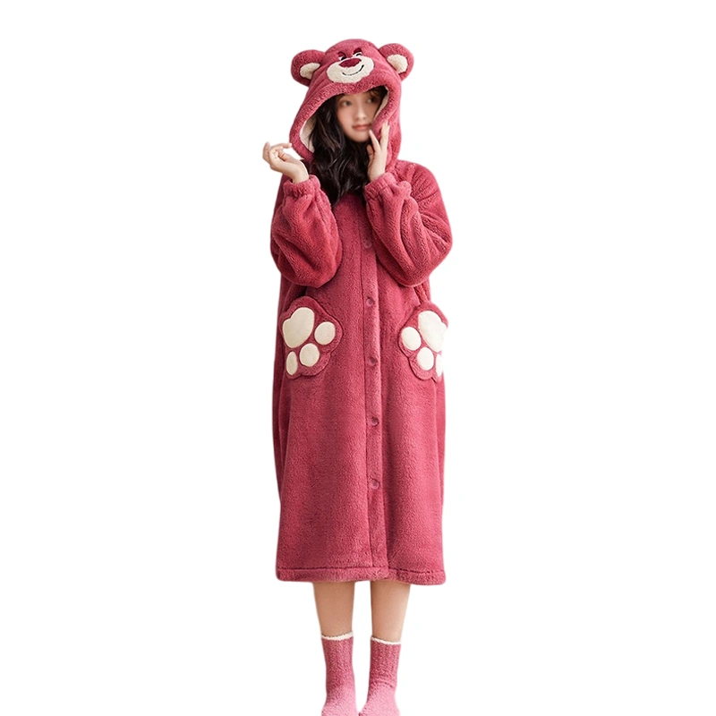 Cute Hood Bathrobe for Women Warm Fuzzy Long Sleeves Loose Sleepwear