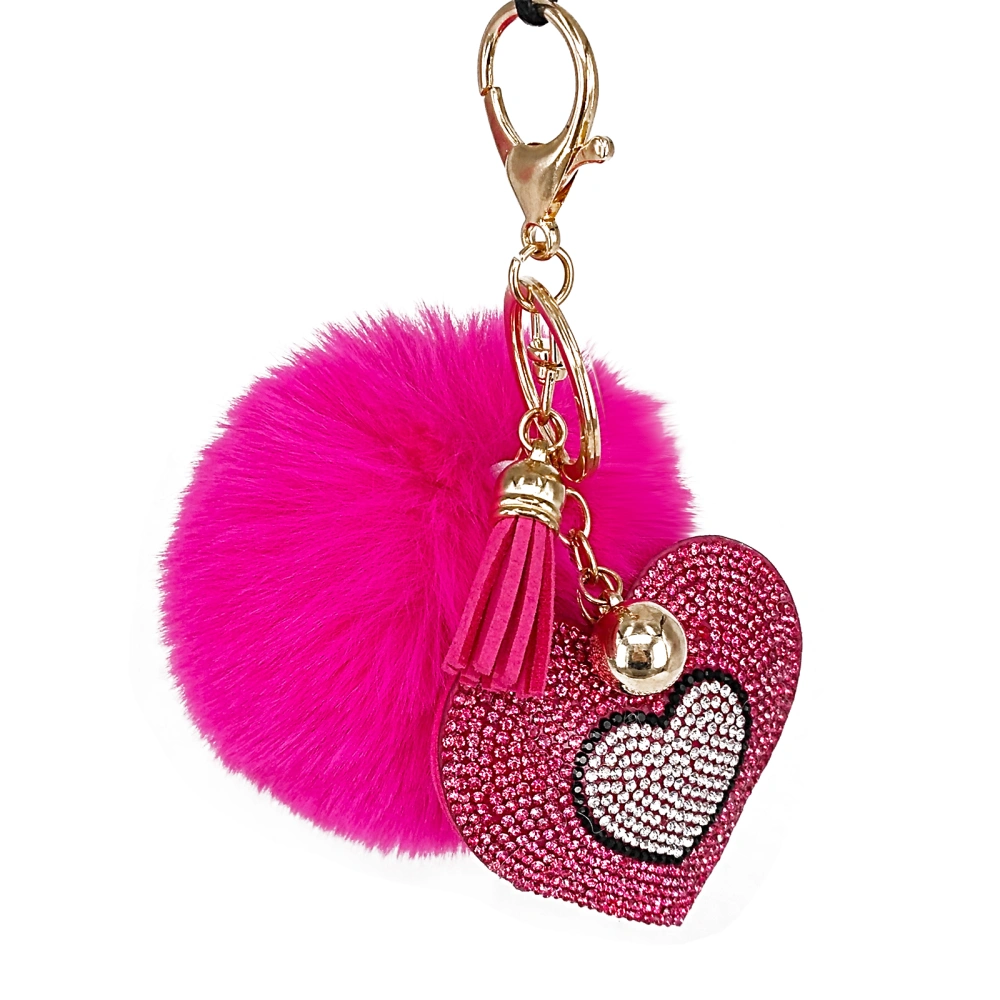 Plush Ball Key Chain Pendant, Rhinestone Heart Tassel Pendant 