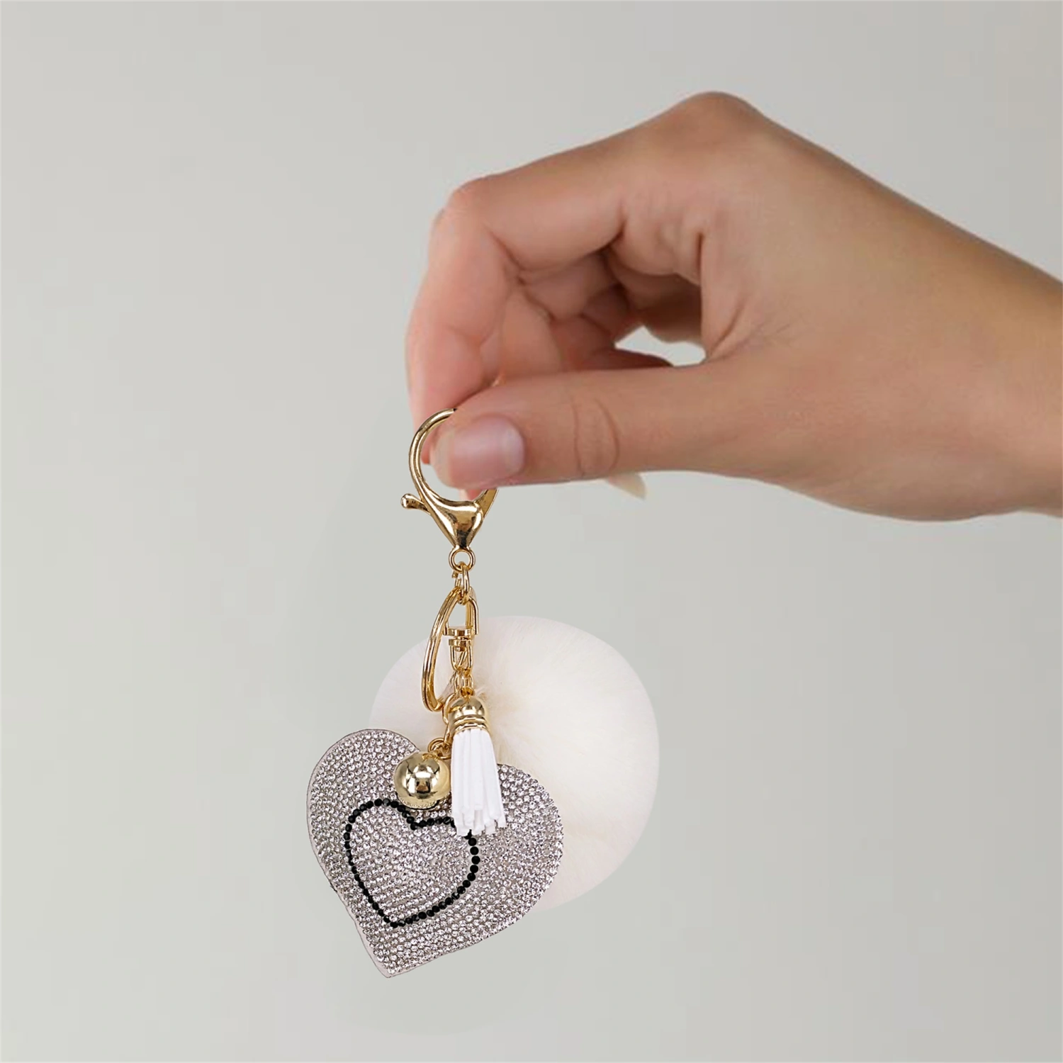 Plush Ball Key Chain Pendant, Rhinestone Heart Tassel Pendant 