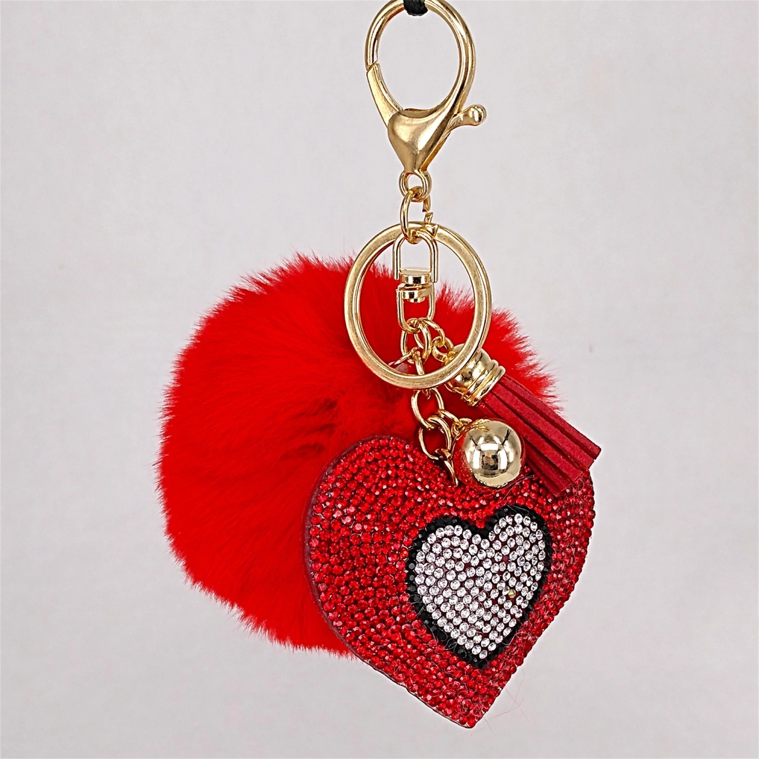 Plush Ball Key Chain Pendant, Rhinestone Heart Tassel Pendant 