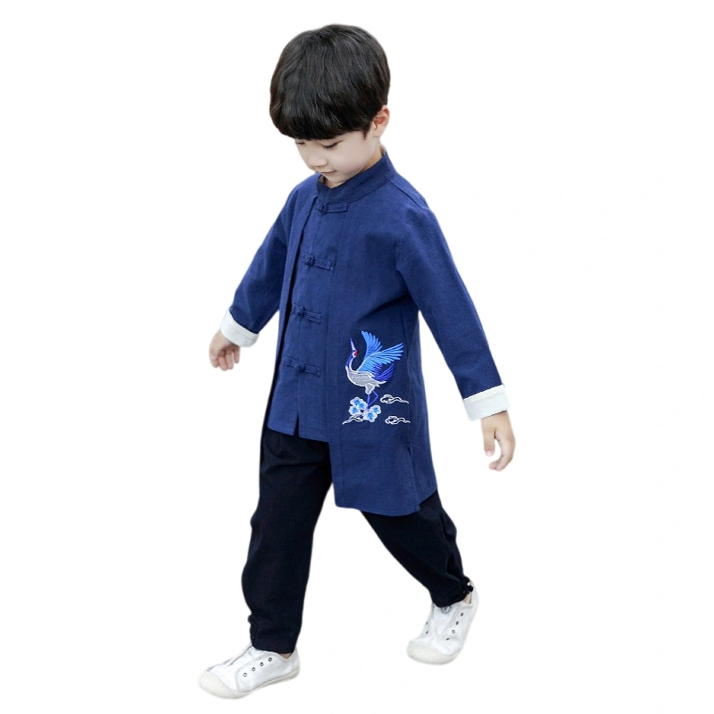 Boys Chinese Outfit, Long Sleeve Embroidery Crane Shirt with Pants