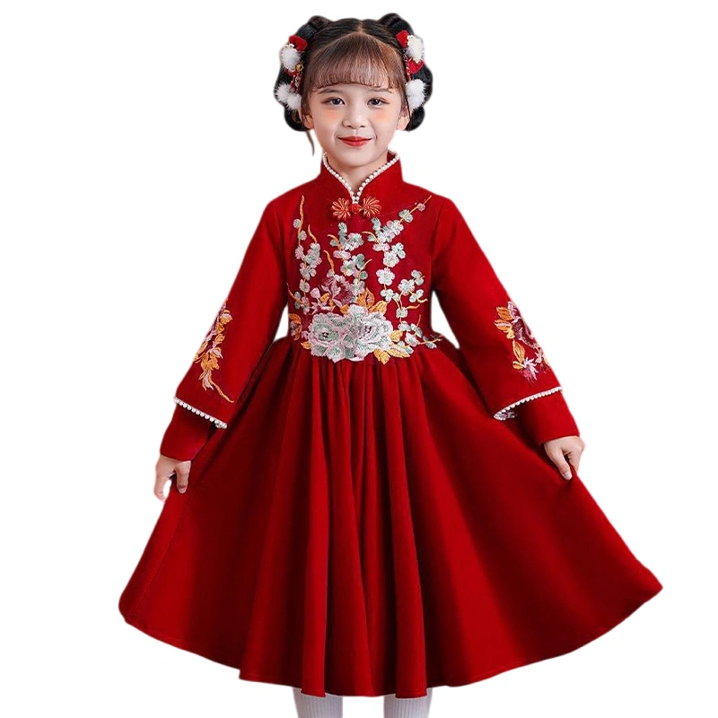 Kids Girl New Years Outfit Floral Embroidery Long Sleeves A-Line Dress