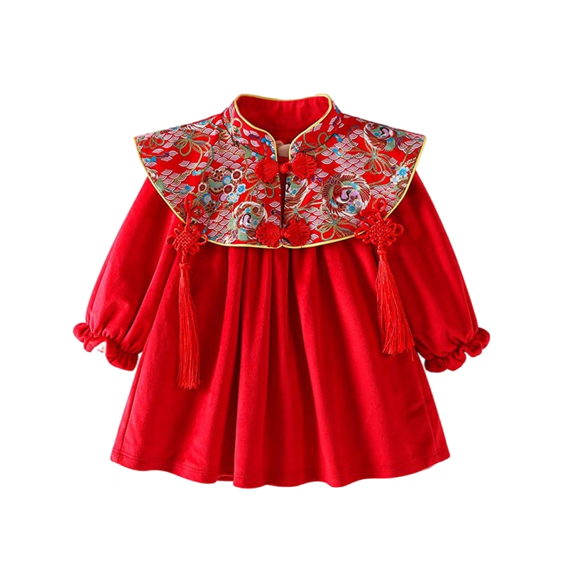 Kids Girl New Years Outfit Chinese Knot Tassels Long Sleeves Dress 