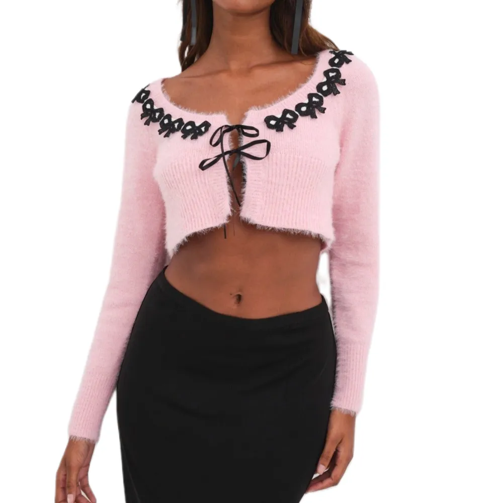 Women Knit Cardigan, Elegant Long Sleeve Tie-up Bow Fall Crop Top