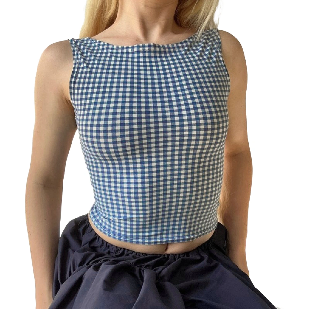 Women Cropped Tank Tops Plaid Print Summer Bow Backless Basic Vest