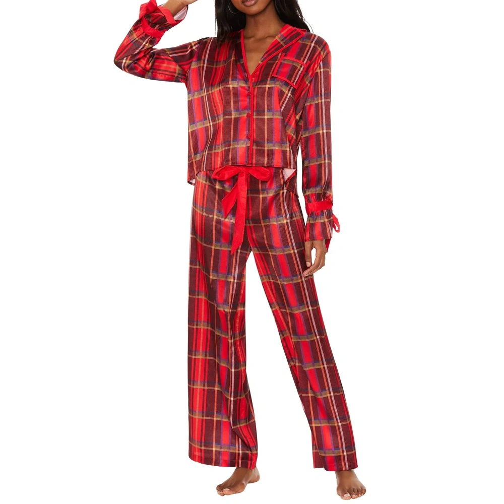 Women's Plaid Pajama Set, Button Down Tops + Elastic Waist Pants