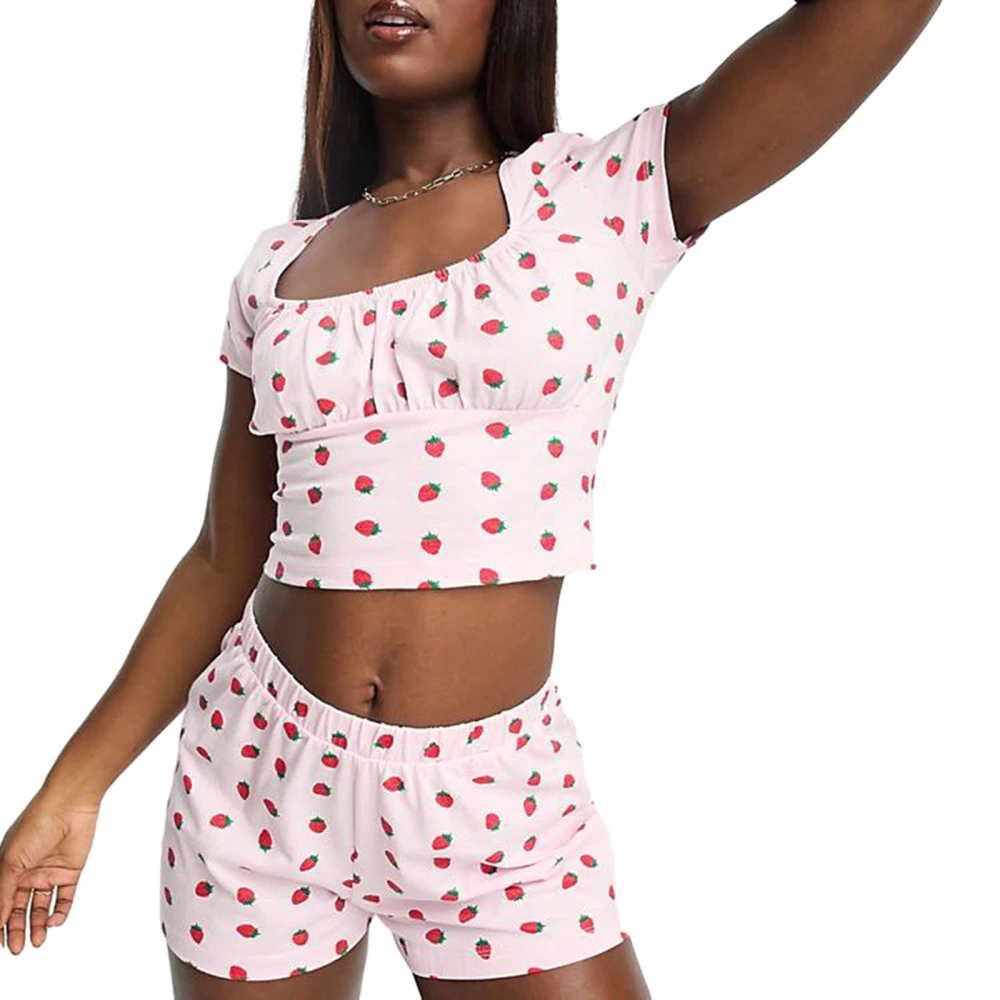 Women Pajama Set, Strawberry Short Sleeve Square Neck T-shirt Shorts