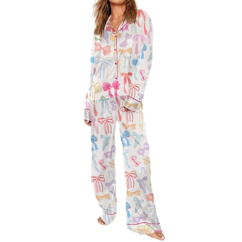 Women's Loungewear Set, Cartoon Print Long Sleeve Shirt with Pants