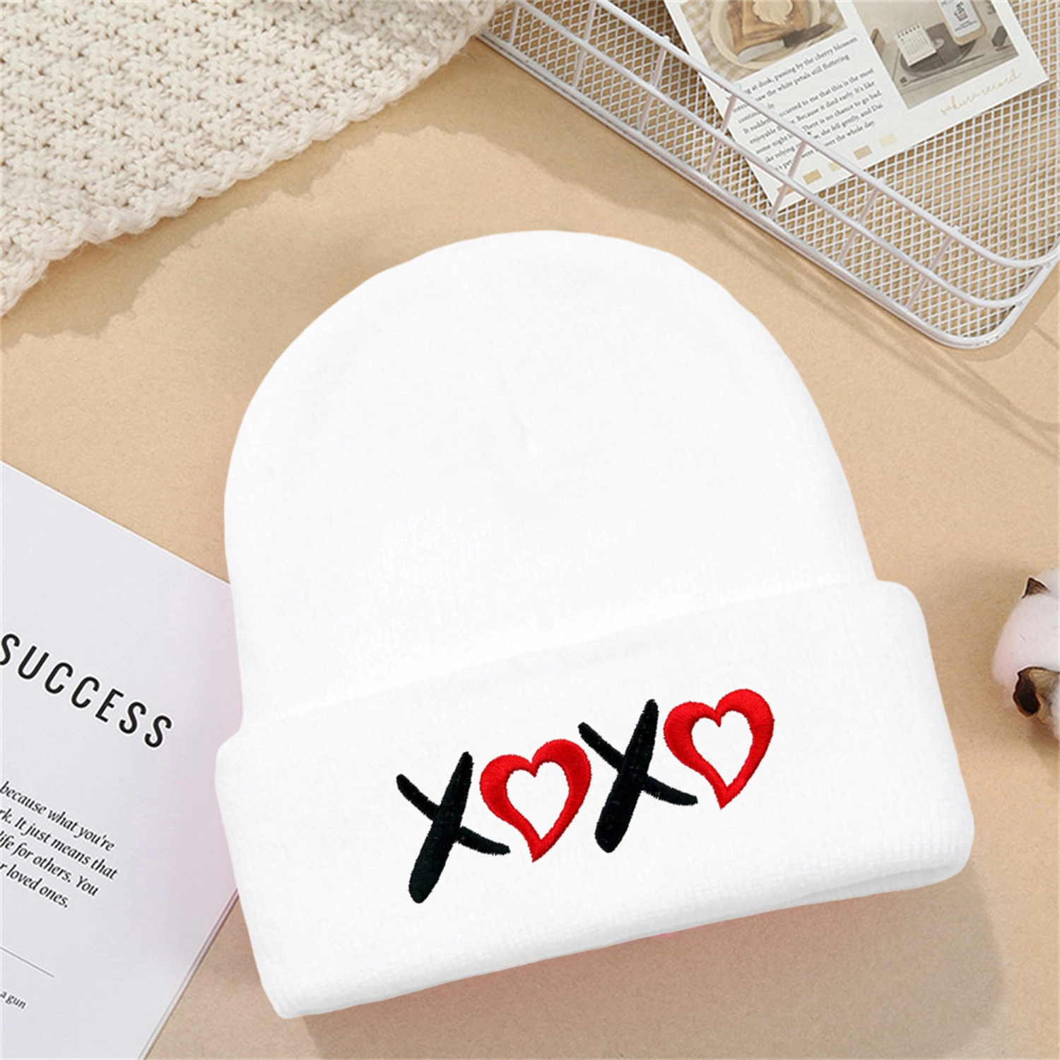 Valentine's Day Knit Beanie for Couple Warm Heart Embroidery Hats
