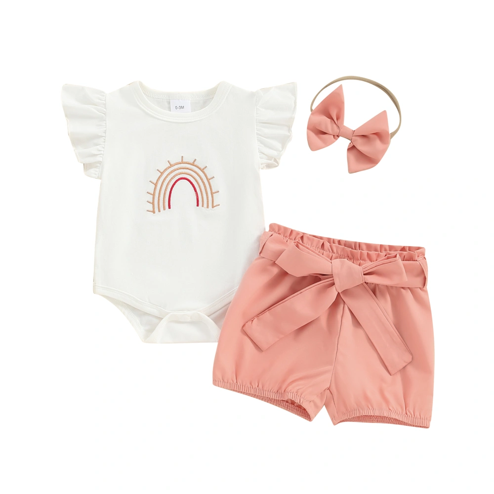 Baby Girls Shorts Set Embroidery Rainbow Romper Belted Shorts Hairband