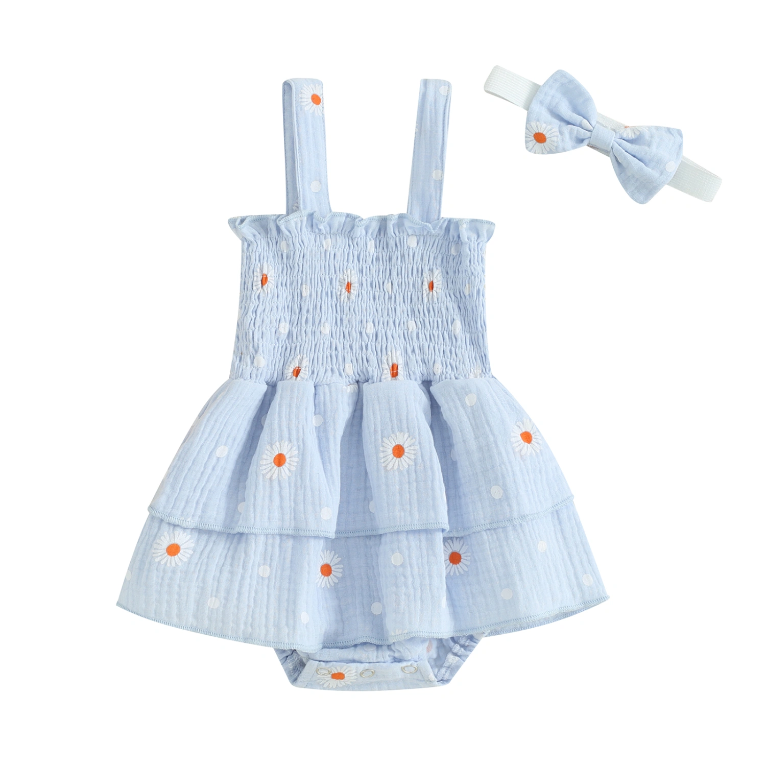 Baby Girl 2Pcs Summer Outfits Daisy Print Romper Dress with Headband