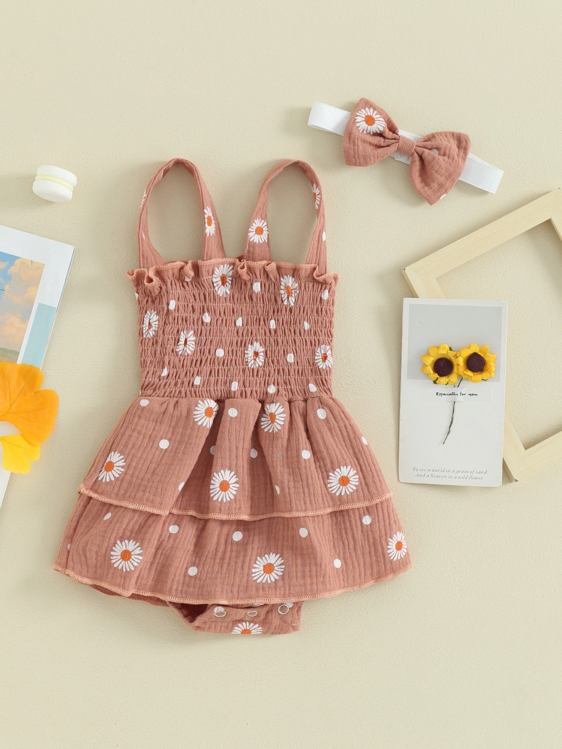 Baby Girl 2Pcs Summer Outfits Daisy Print Romper Dress with Headband