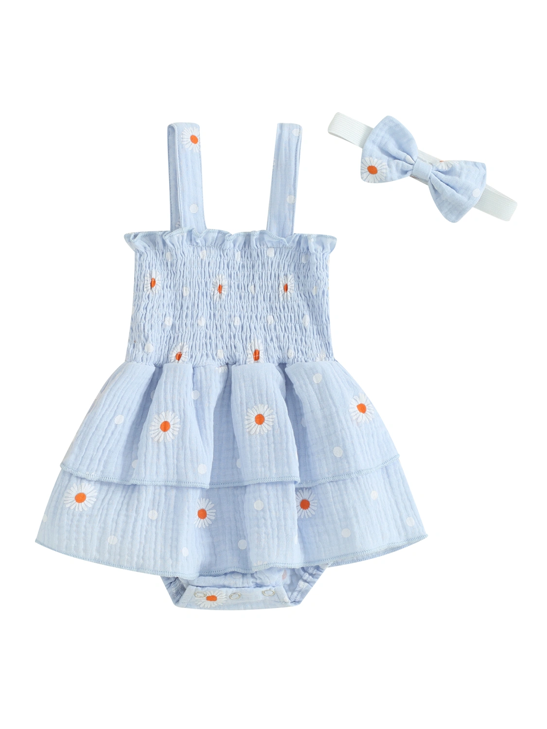 Baby Girl 2Pcs Summer Outfits Daisy Print Romper Dress with Headband