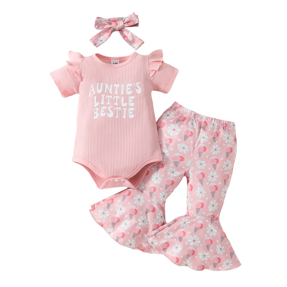 Baby 3PCS Sets Flying Sleeve Romper Flower Print Pants Headband Set