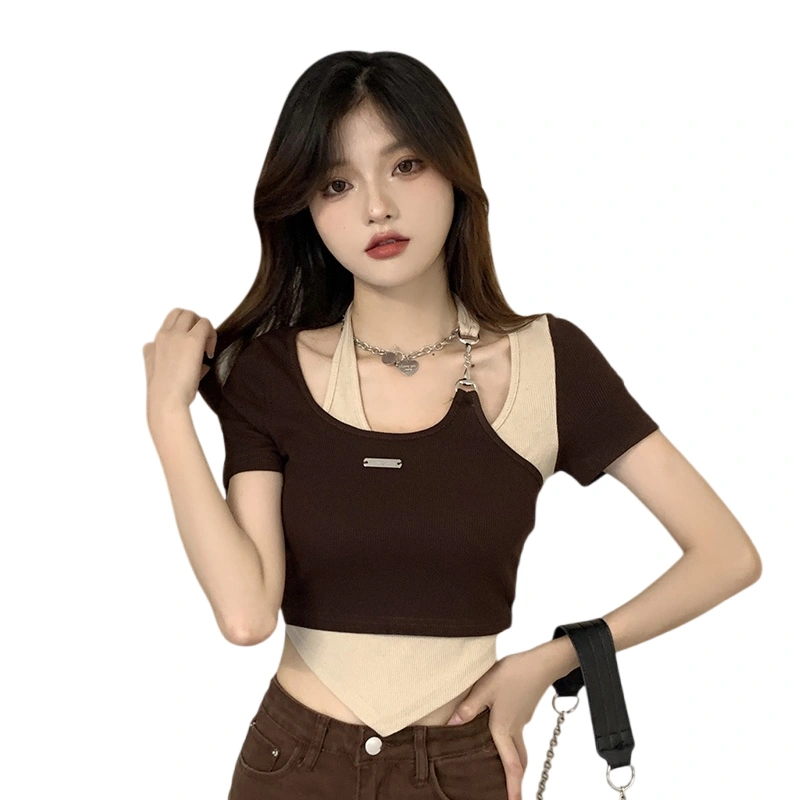 Women Patchwork Crop Tops Short Sleeve Halter Contrast Color T-Shirts