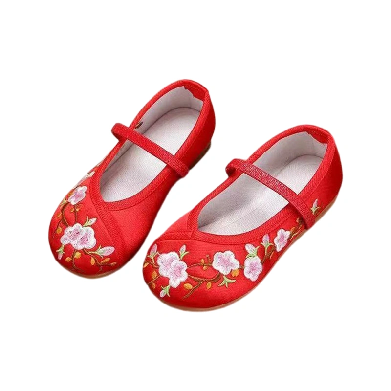 Girls Chinese Hanfu Flats Floral Embroidery Shoes Mary Jane Shoes