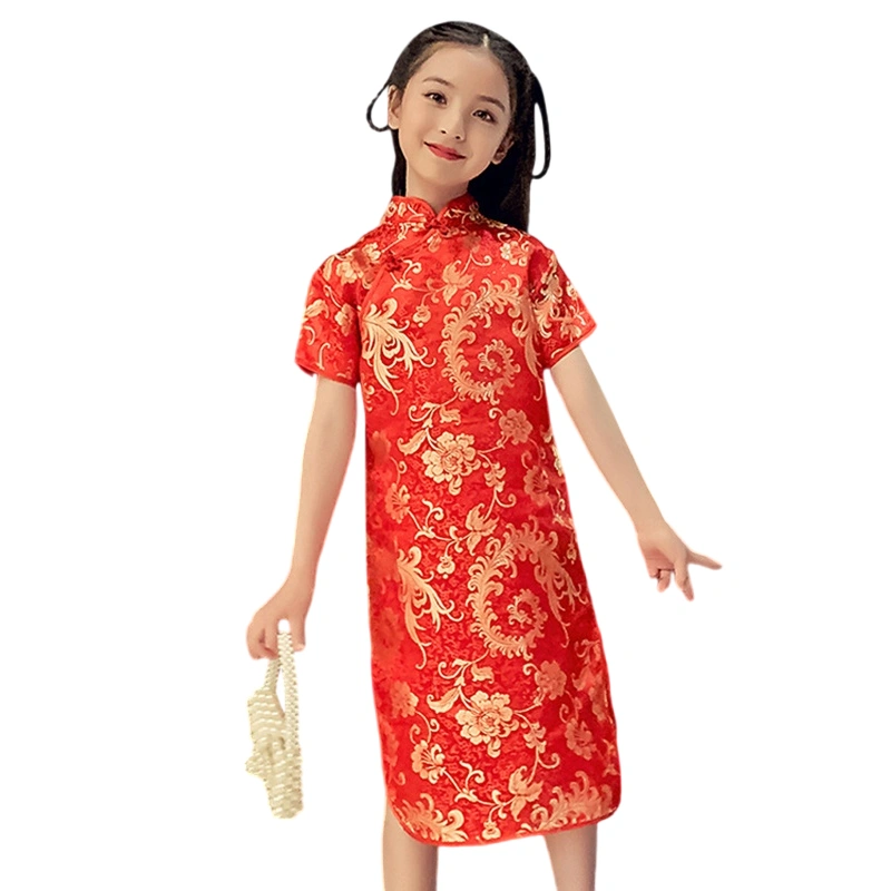 Girls Chinese Traditional Dress Flower Print Short Sleeve Cheongsam