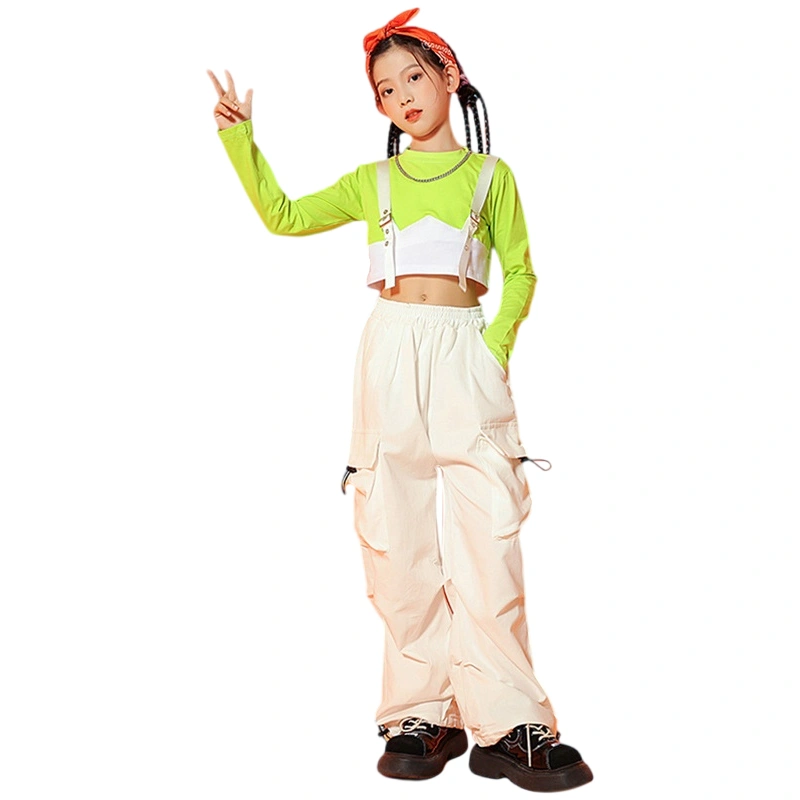 Girls 2PCS Jazz Dance Suit Long Sleeve Contrast Color Tops Cargo Pants