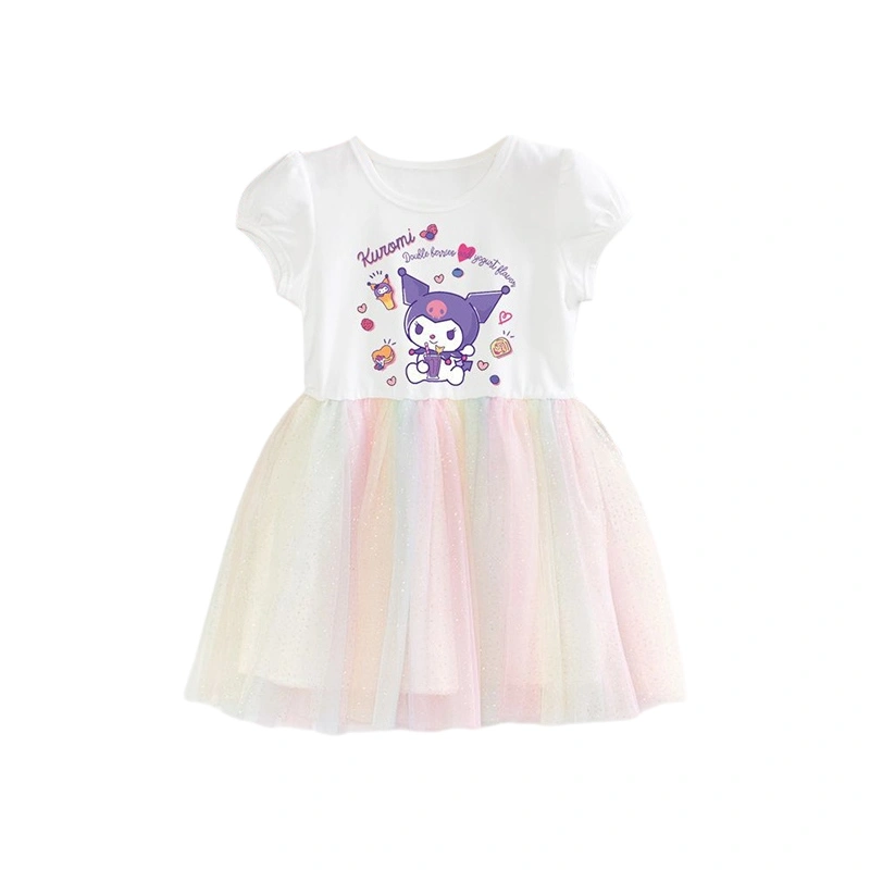 Toddler Girls Tulle Dress Short Sleeve Round Neck Cartoon Print Dress