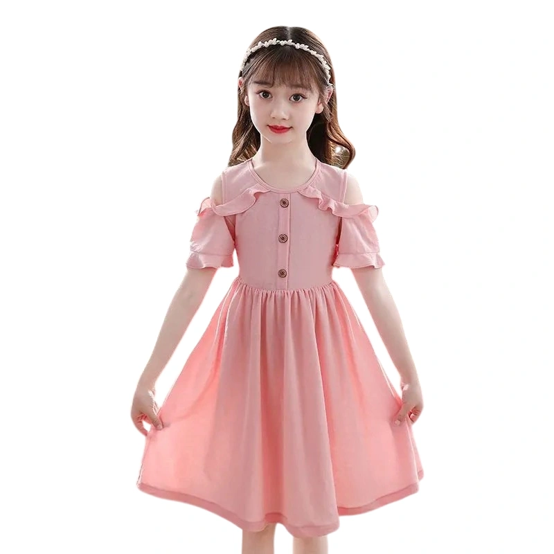 Kids Girls Short Sleeve Dresses Cold Shoulder A-Line Party Dress 