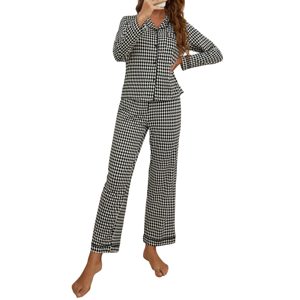 Women Pajamas Lounge Set Plaid Turn-Down Collar Tops and Pants