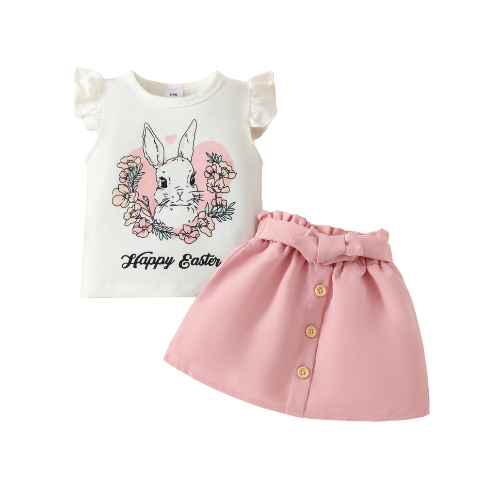 Girl Summer Clothes Bunny Print Fly Sleeves Tops with Belted Skirt