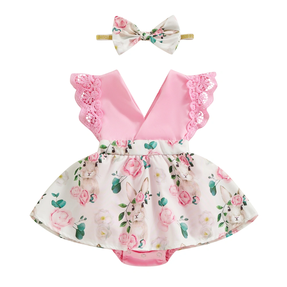 Girls Easter Romper Dress Fly Sleeve Bunny Print Jumpsuit Headband