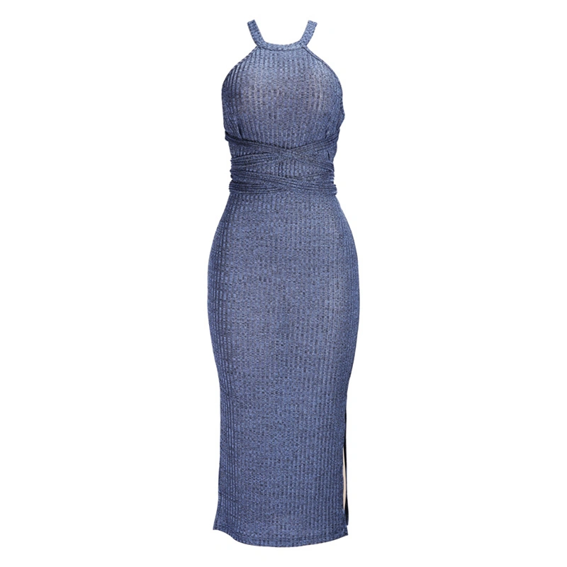 Women's Ribbed Long Dress Sleeveless Cross Back Tie-up Cocktail Dress