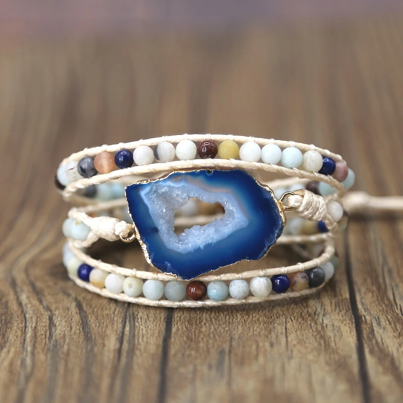 Blue Agate Slice Hand Woven Multi-layer Leather Bracelet