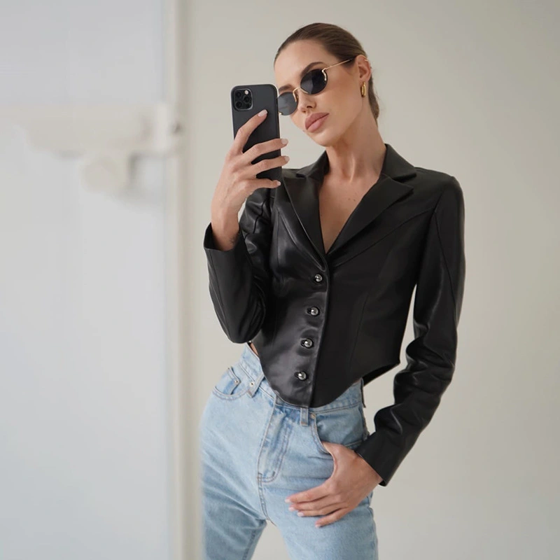 Long Sleeve Suit Collar Slim Fit Cardigan PU Leather Top