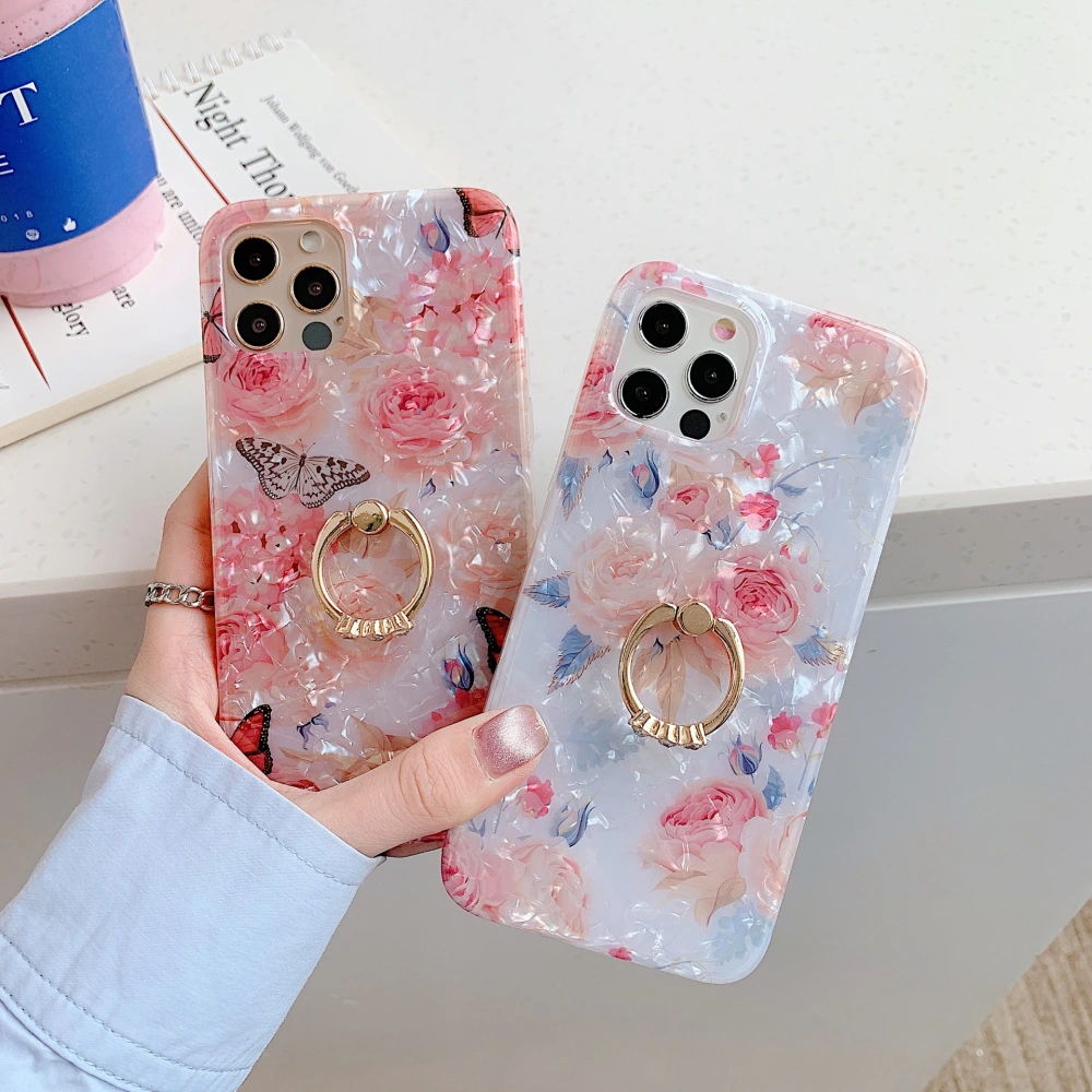 Flower Butterfly Shell Pattern Ring Buckle Silicone Phone Case