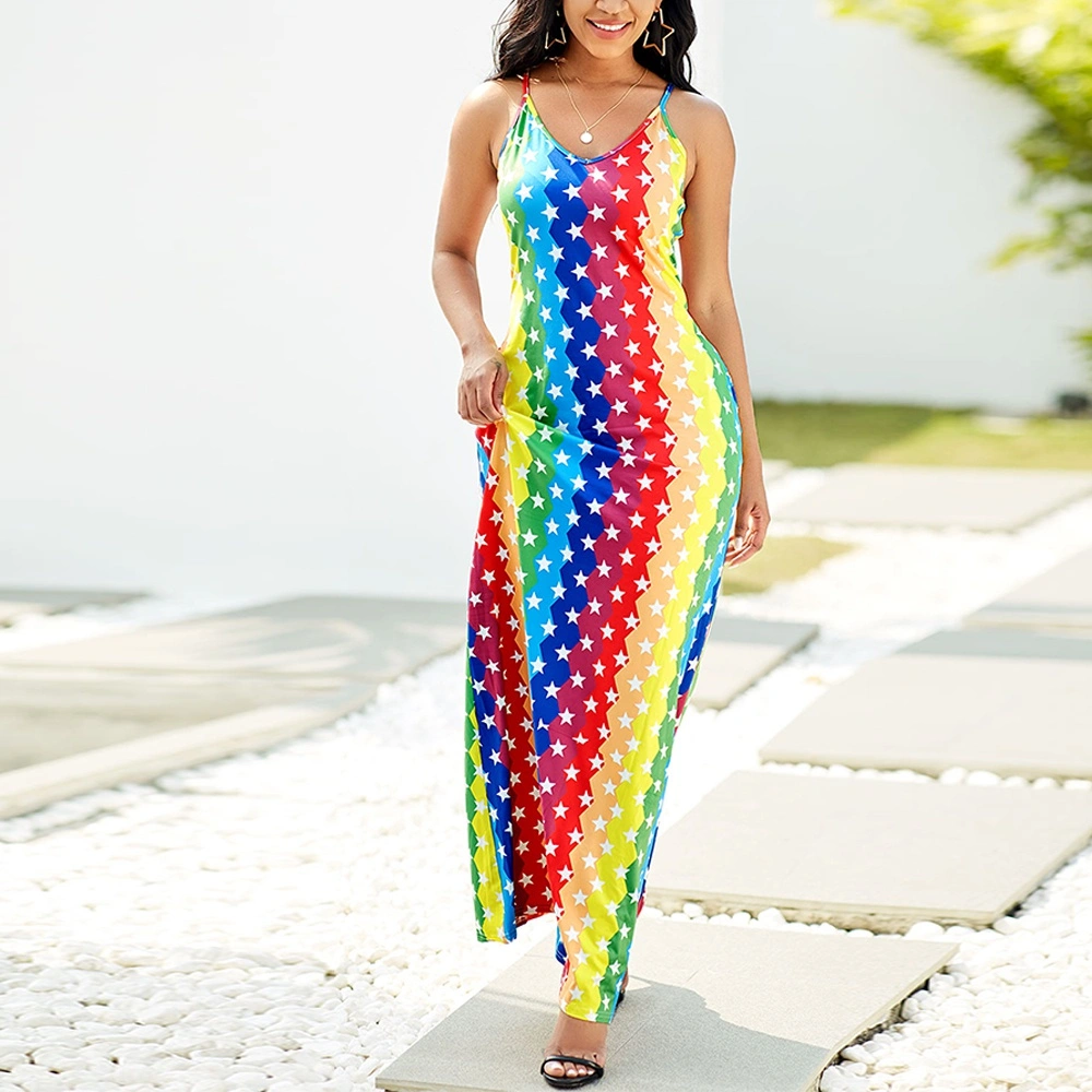 Sling Dress Multicolored Striped Gradient Dress