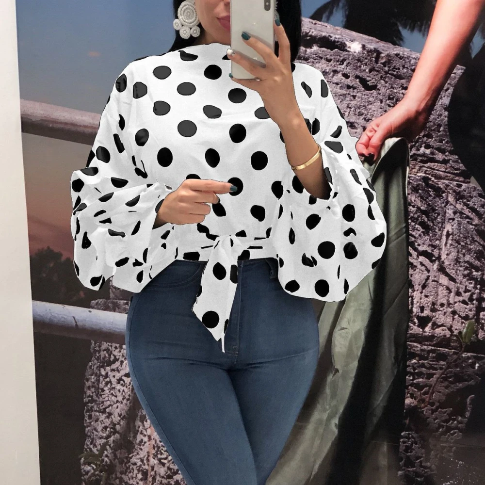 New Womens Polka Dot Large Size Loose Long Sleeve Blouse