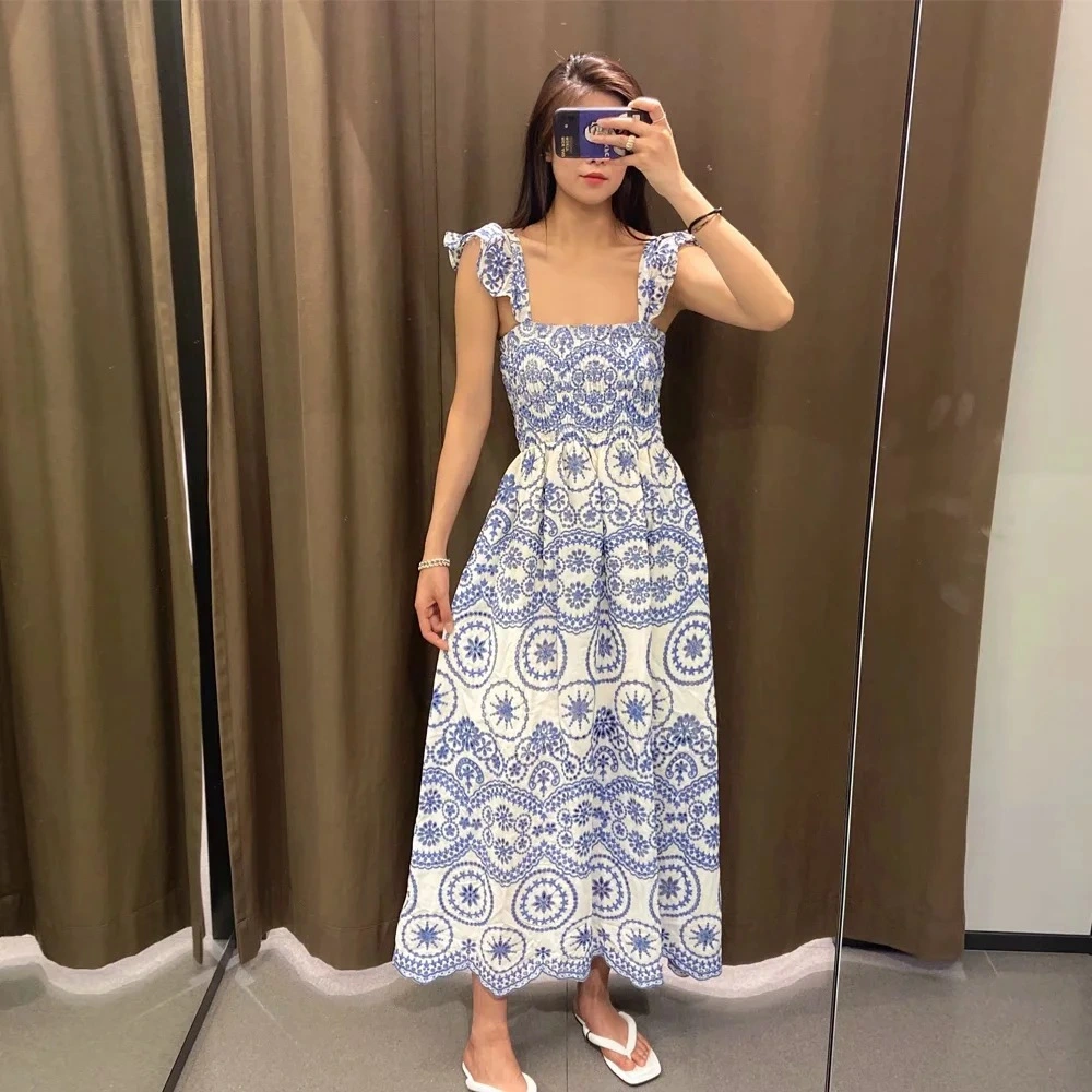 New European And American Holiday Style Embroidered Hollow Dress