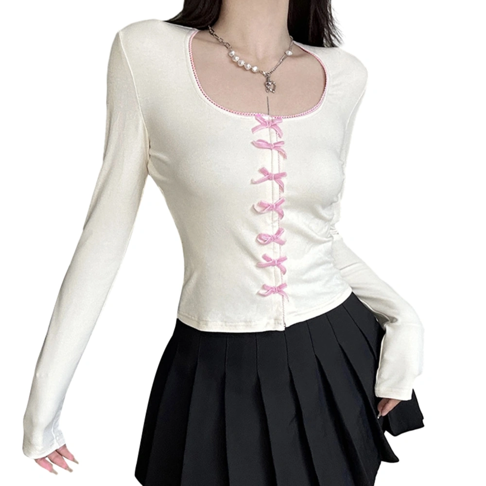 Women Long Sleeve T-Shirts Contrast Bowknot Scoop Neck Shirts