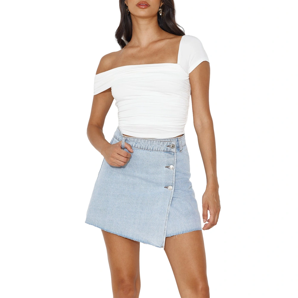 Women Ruched Crop Tops Off One Shoulder Short Sleeve Slim Fit T-Shirts