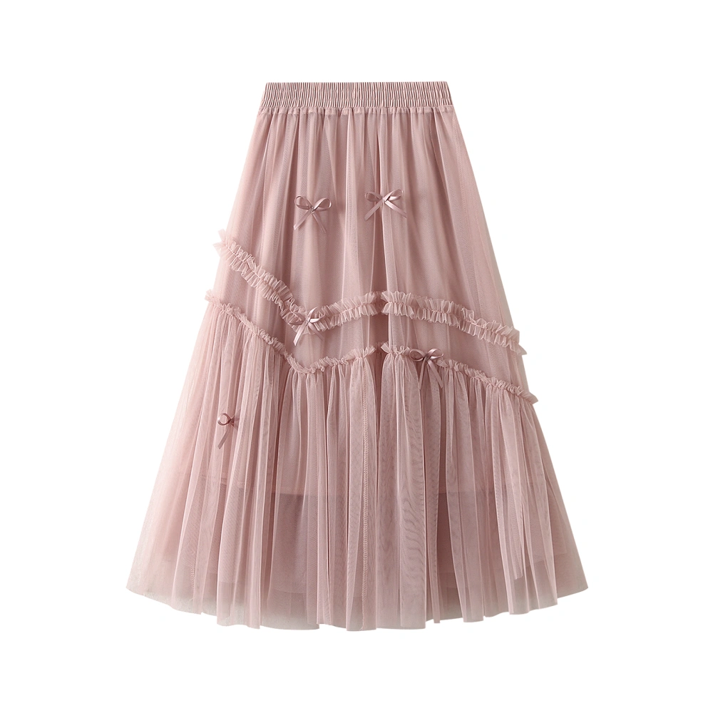 Women's Midi Skirt Ruffle Trim Bow Decor Pleated Flowy A-line Skirt