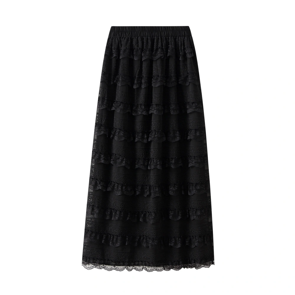 Women Summer Ruffled Skirt Casual Lace Patchwork Elastic Waist Skirt 