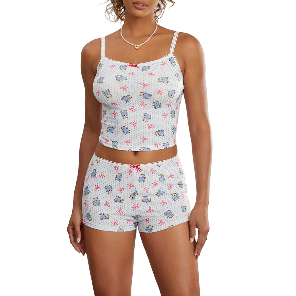 Women's Loungewear Set, Bow&Bear Print Crop Cami Tops with Shorts