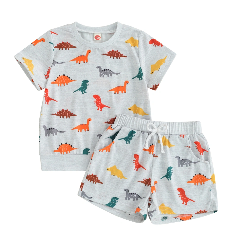 Boy Shorts Sets Short Sleeve Dinosaur Print Tops Drawstring Shorts Set