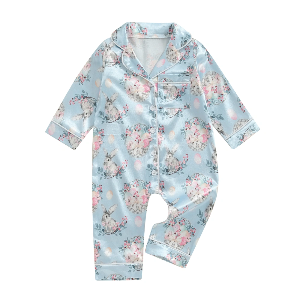 Boys and Girl Lapel Neck Long Sleeve Rabbit Print Pajama Romper