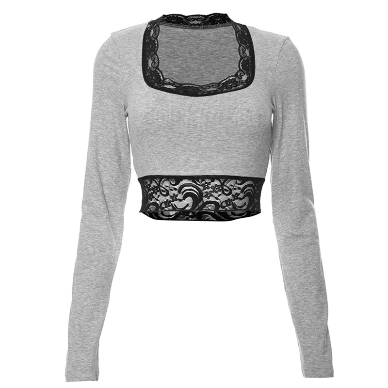 Women's Fitted Tops Gray Long Sleeve Square Neck Lace Trim T-shirt