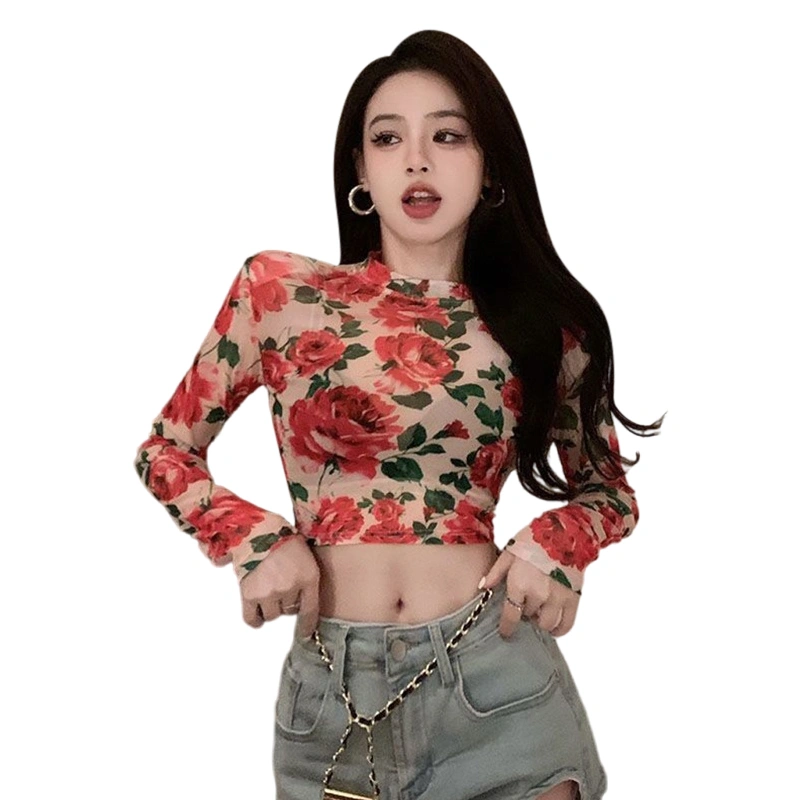 Women Long Sleeve Crop Tops Flower Print Mock Neck Mesh Tops