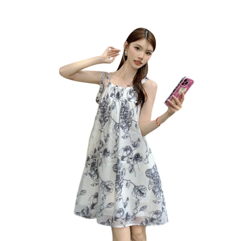 Women Slip Dress, Elegant Tie-up Sleeveless Flower Print A-line Dress