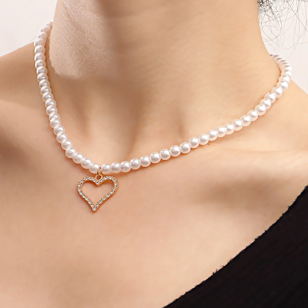 Faux Baroque Pearl Micro Diamond Cutout Heart Necklace