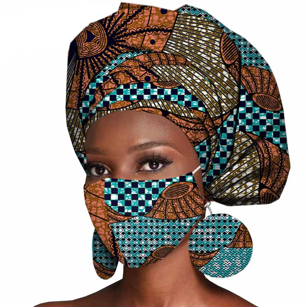 African Print Batik Cotton Turban Exaggerated Earrings Mask