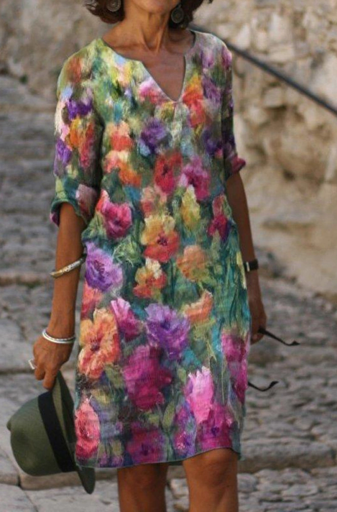 Printed V Neck Half Sleeve Multicolor Midi Dress