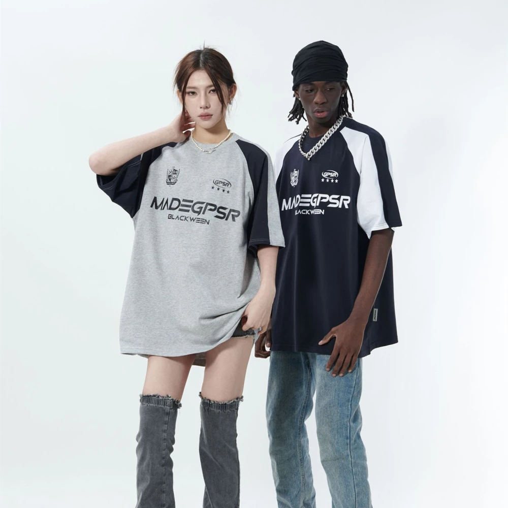New Real Shot American Street Fashion Stitching Raglan Sleeve Short Sleeve T-shirt